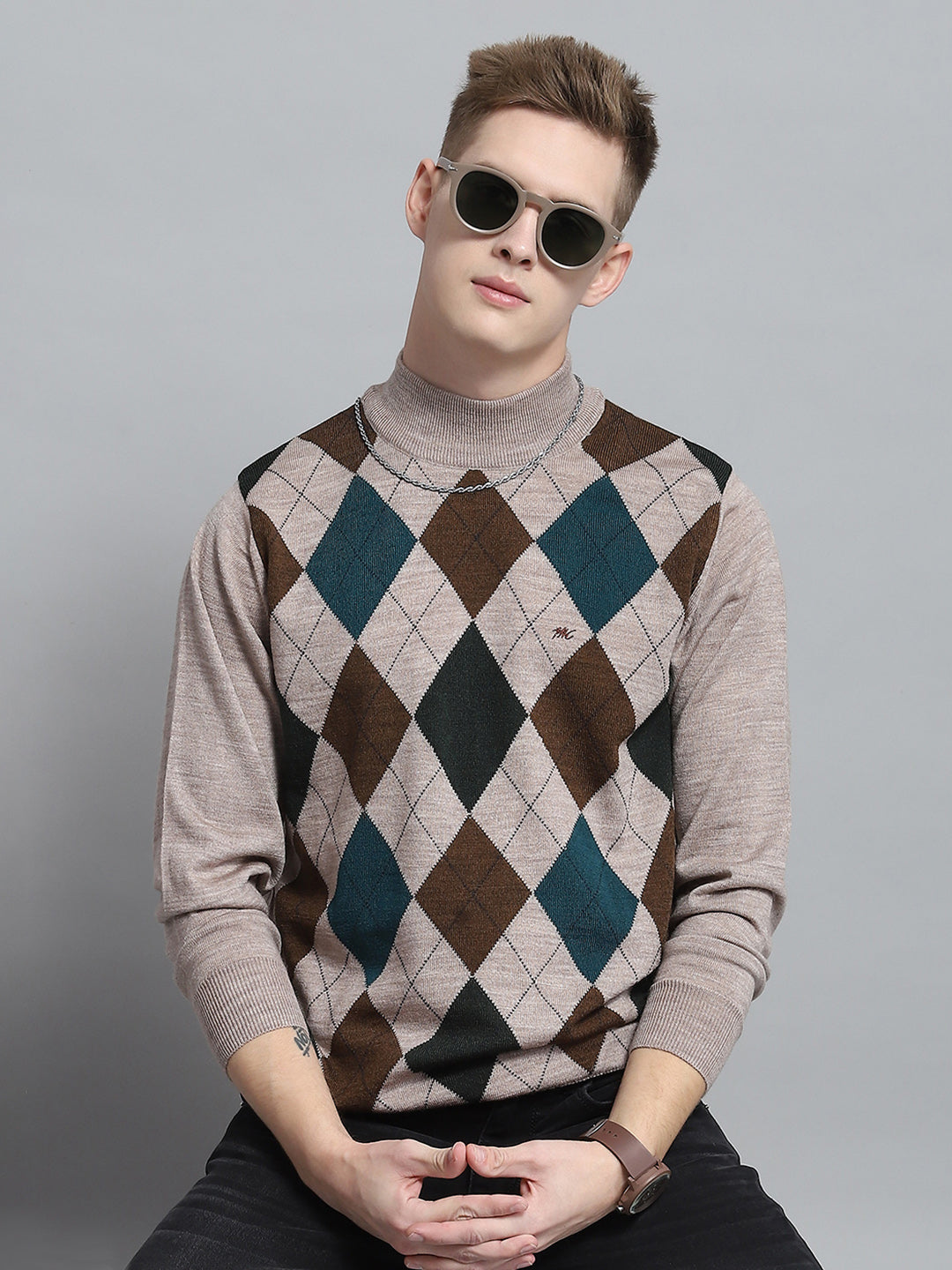 Men Beige Printed Mock Neck Full Sleeve Pullover