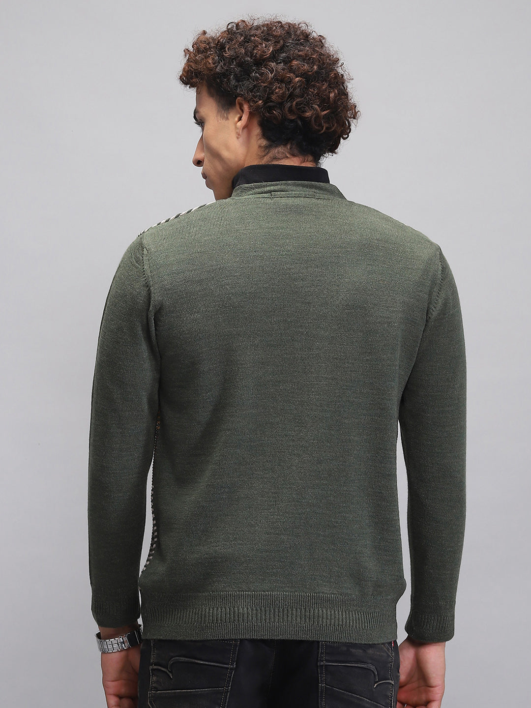 Men Green Self Design V Neck Full Sleeve Cardigan