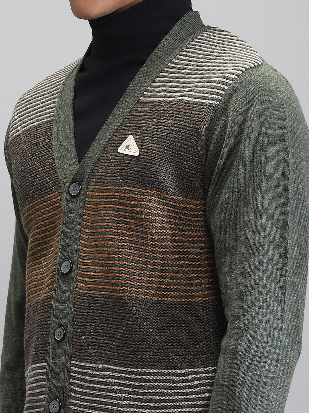Men Green Self Design V Neck Full Sleeve Cardigan