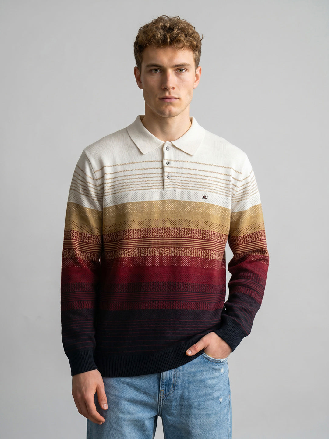 Men Navy Blue Self Design Collar Full Sleeve Sweatshirt