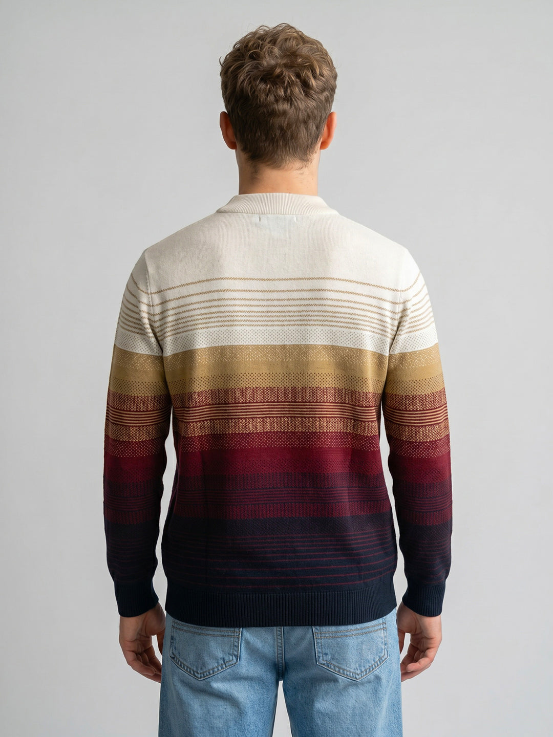 Men Navy Blue Self Design Collar Full Sleeve Sweatshirt