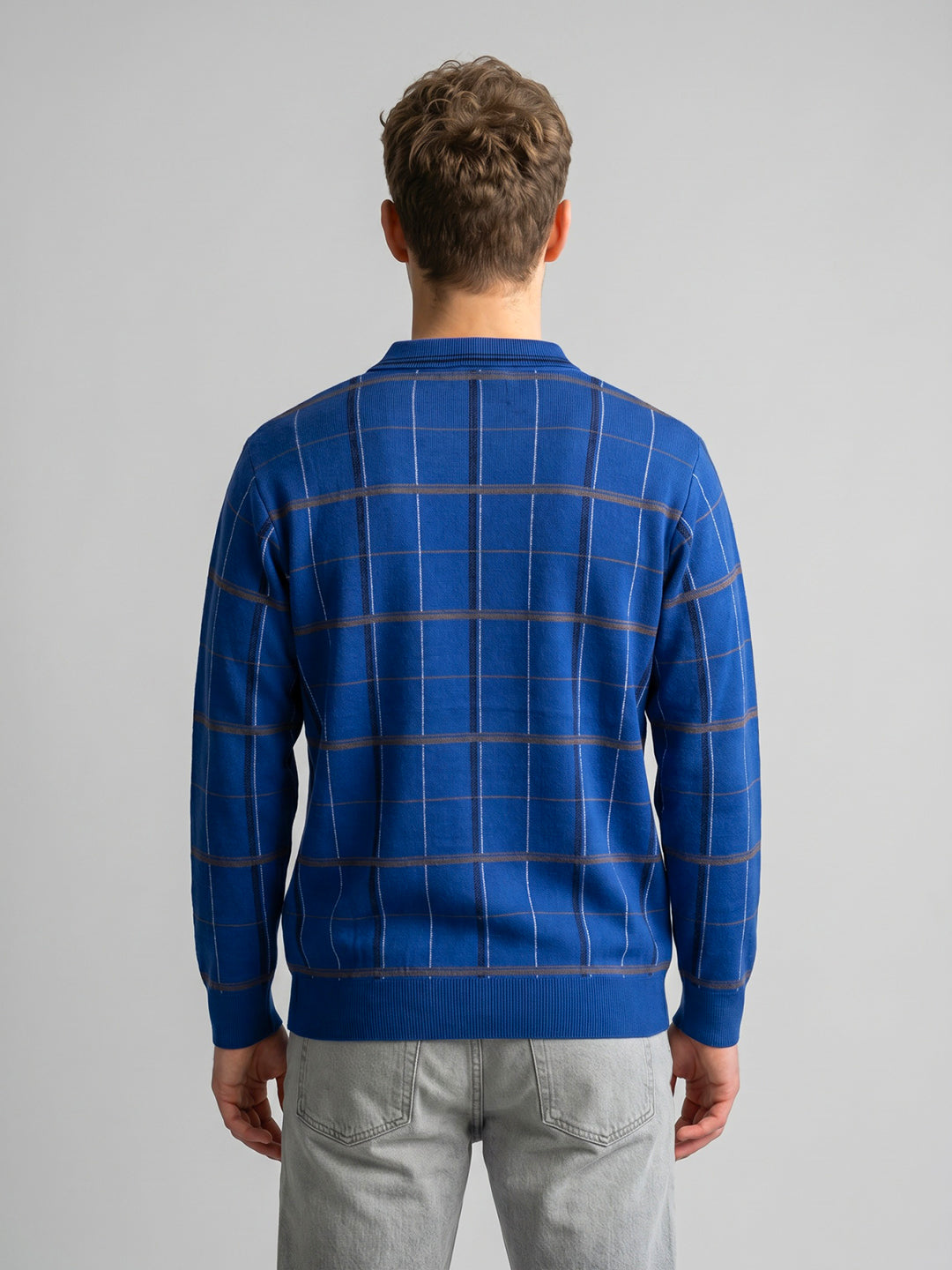 Men Blue Check Collar Full Sleeve Sweatshirt