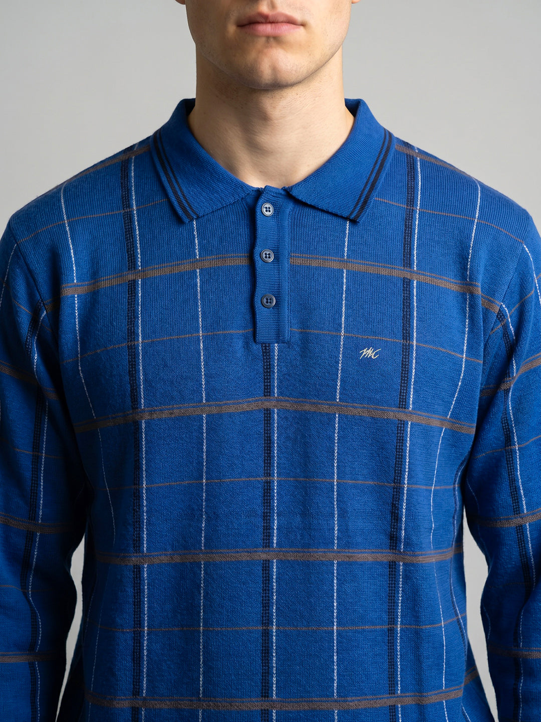 Men Blue Check Collar Full Sleeve Sweatshirt