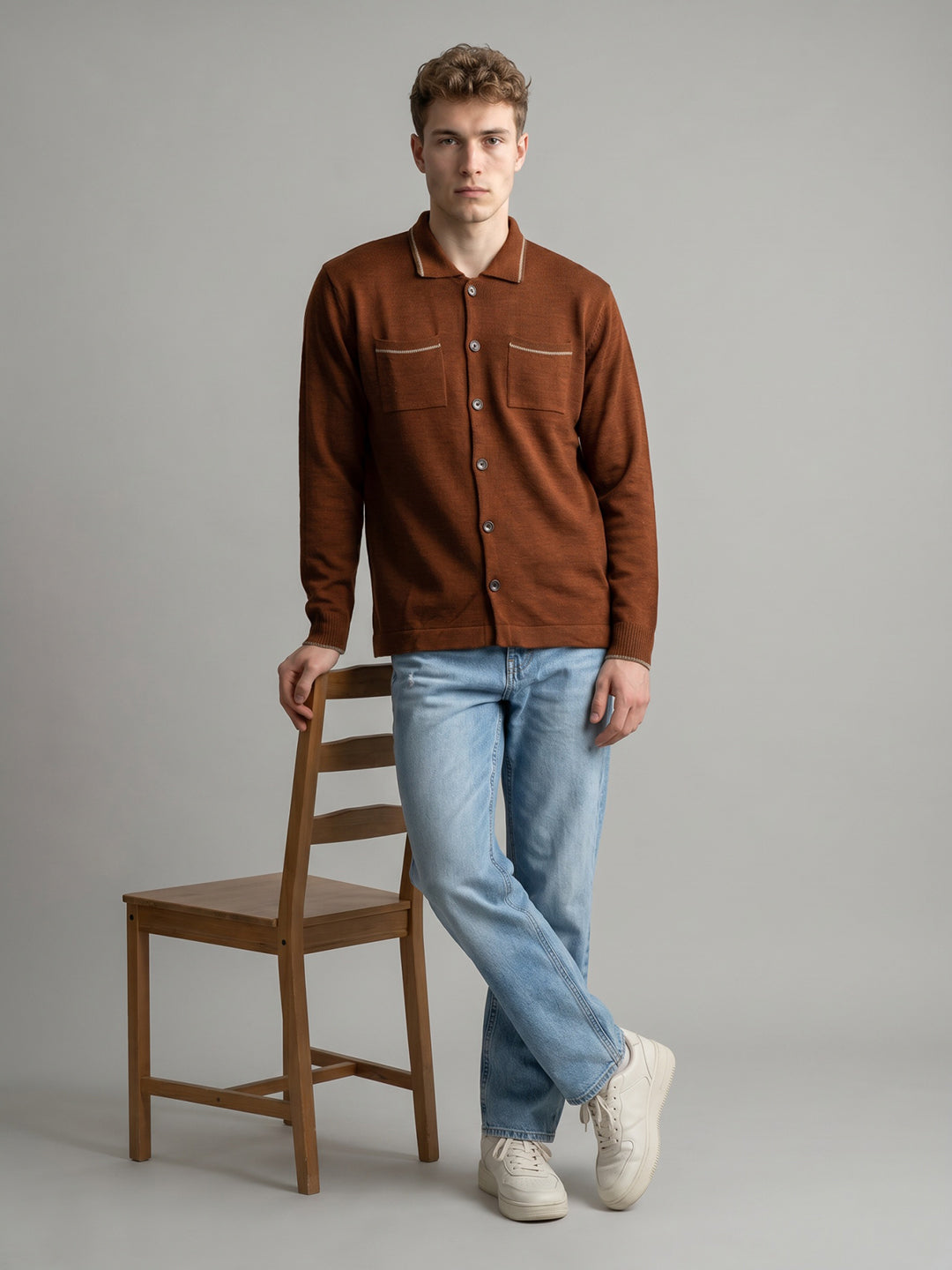 Men Rust Solid Collar Full Sleeve Sweatshirt