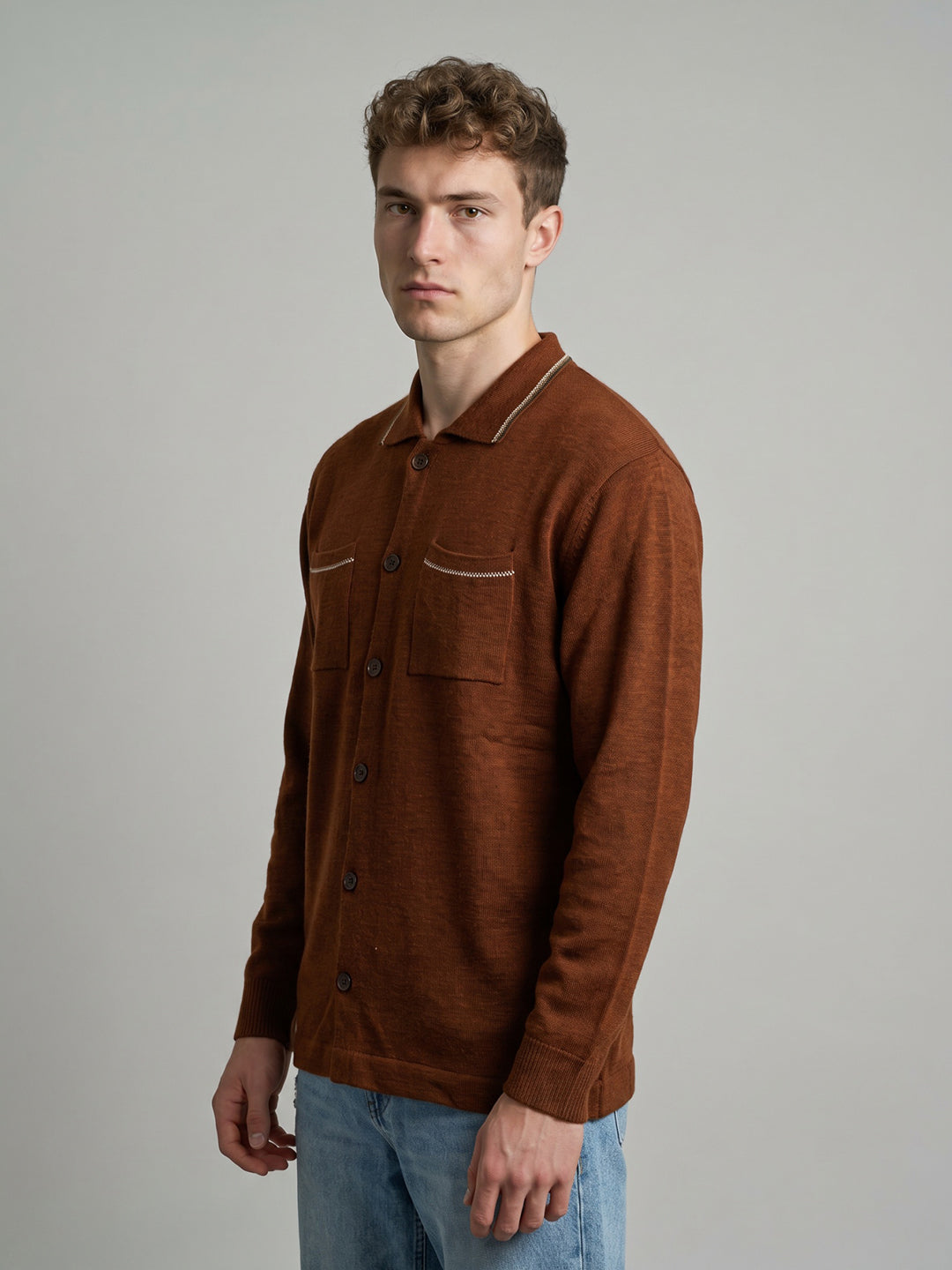 Men Rust Solid Collar Full Sleeve Sweatshirt