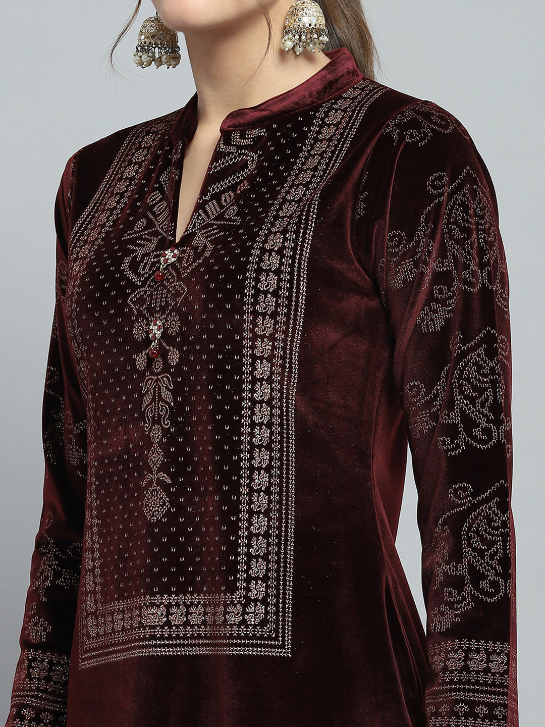 Women Maroon Self Design Round Neck Full Sleeve Kurti Set for Winter