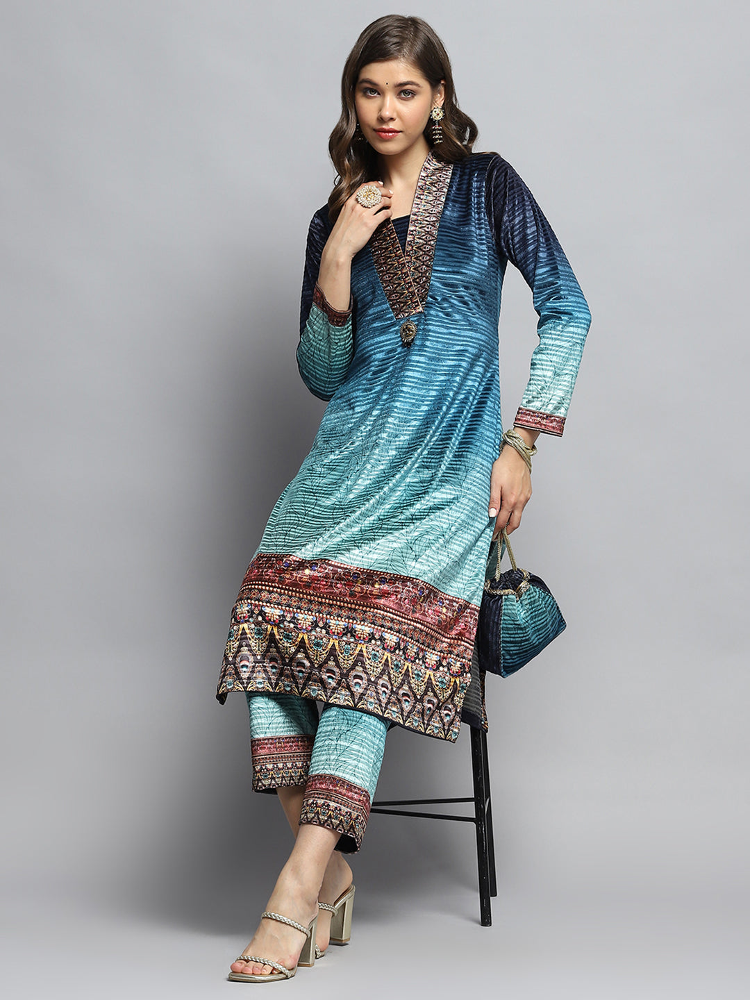 Women Sky Blue Self Design V Neck Full Sleeve Kurti Set with Bag