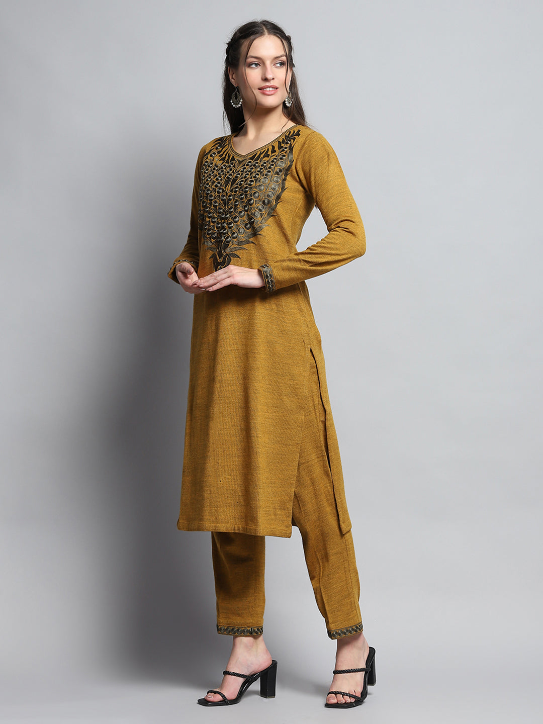 Women Mustard Self Design Round Neck Full Sleeve Kurti Set for Winter