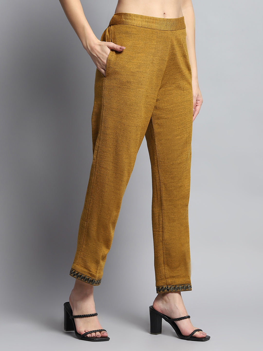 Women Mustard Self Design Round Neck Full Sleeve Kurti Set for Winter