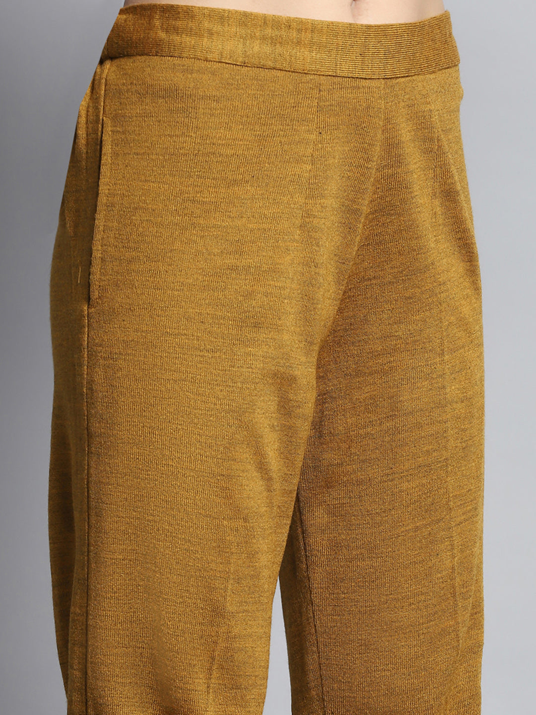 Women Mustard Self Design Round Neck Full Sleeve Kurti Set for Winter