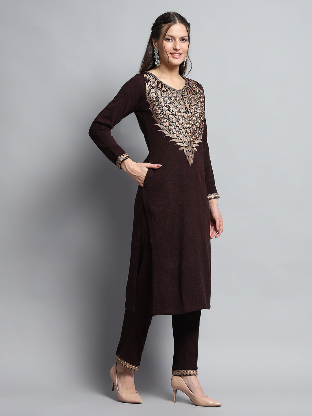 Women Maroon Self Design Round Neck Full Sleeve Kurti Set for Winter