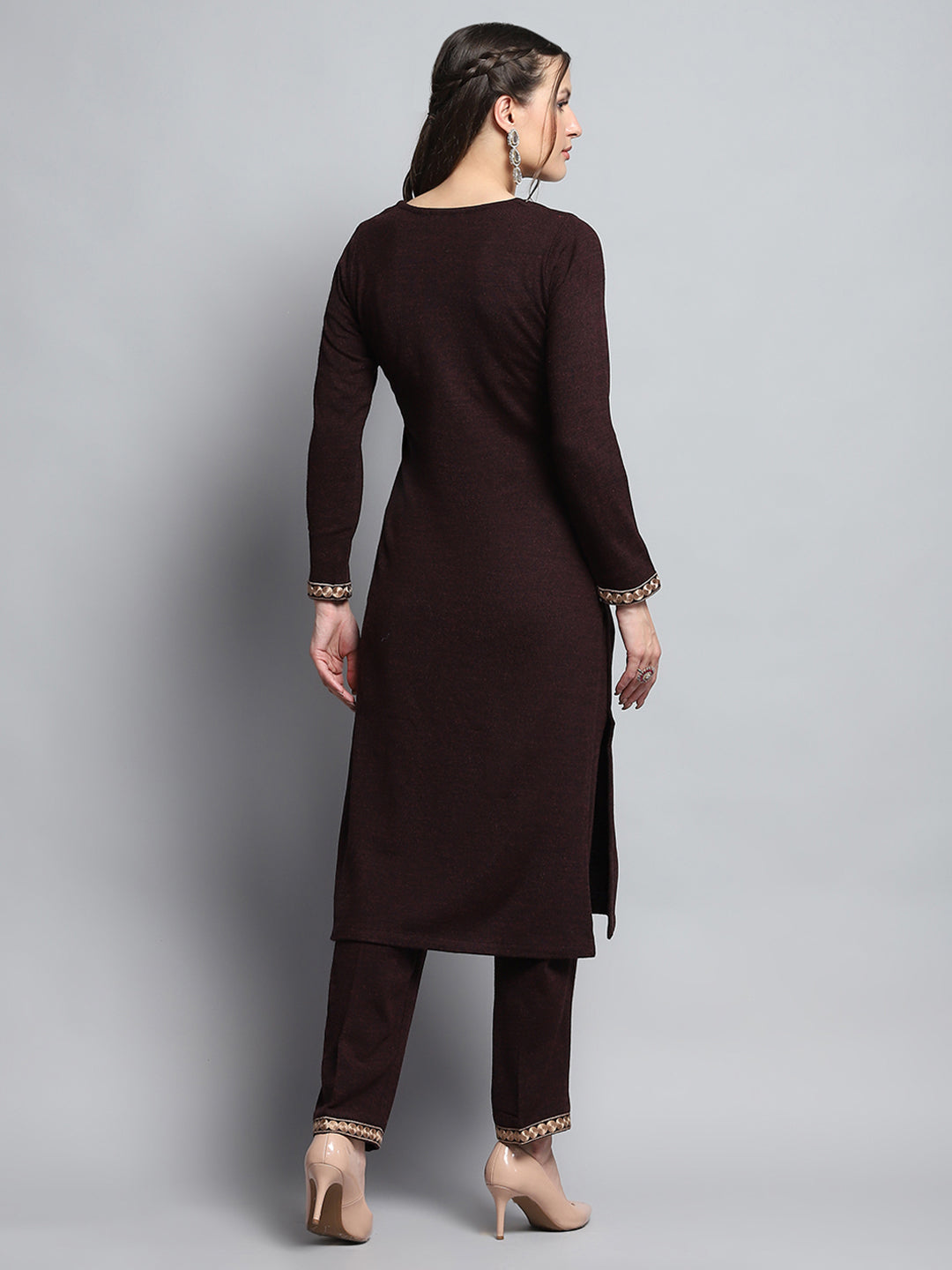 Women Maroon Self Design Round Neck Full Sleeve Kurti Set for Winter