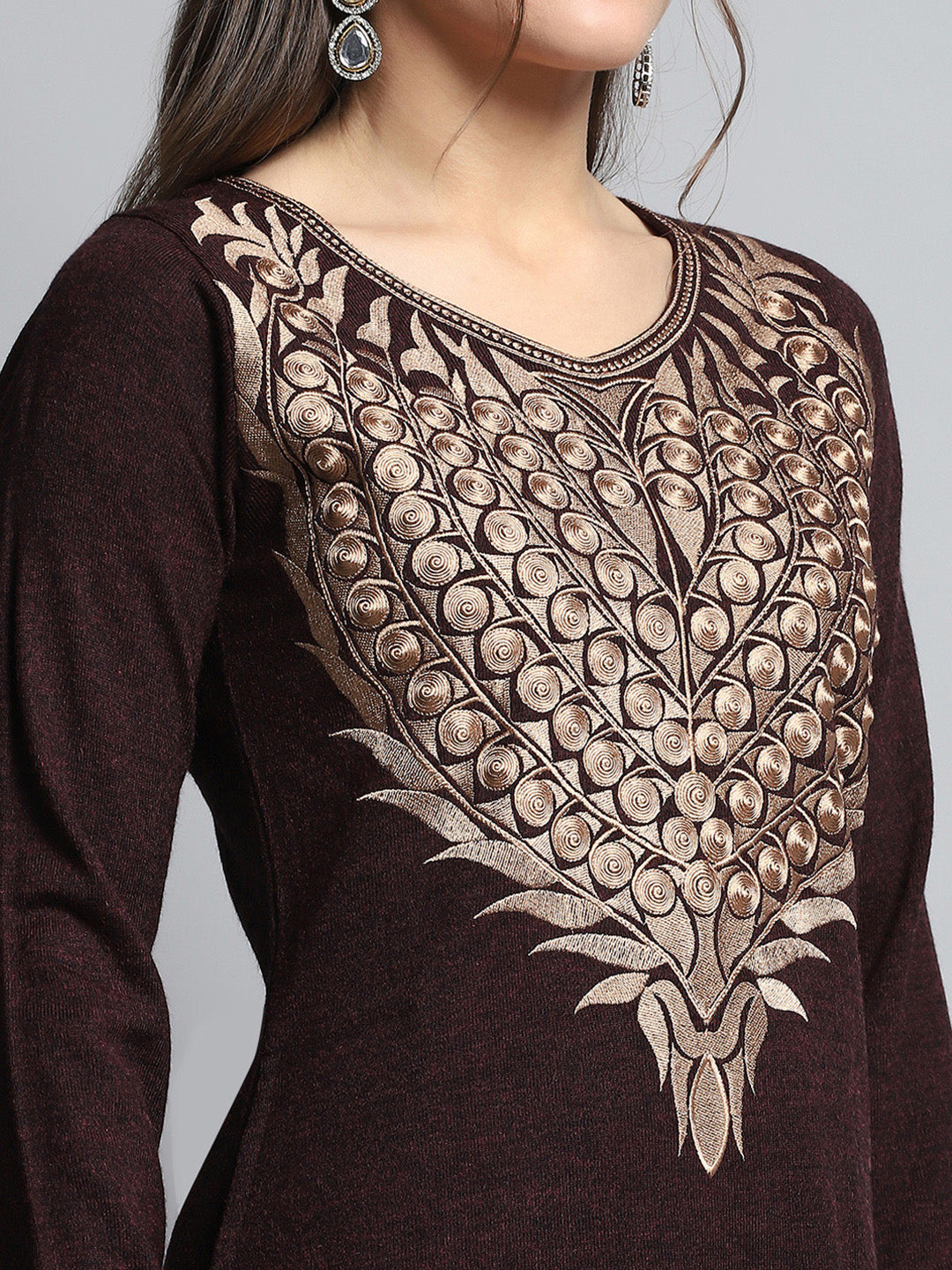 Women Maroon Self Design Round Neck Full Sleeve Kurti Set for Winter