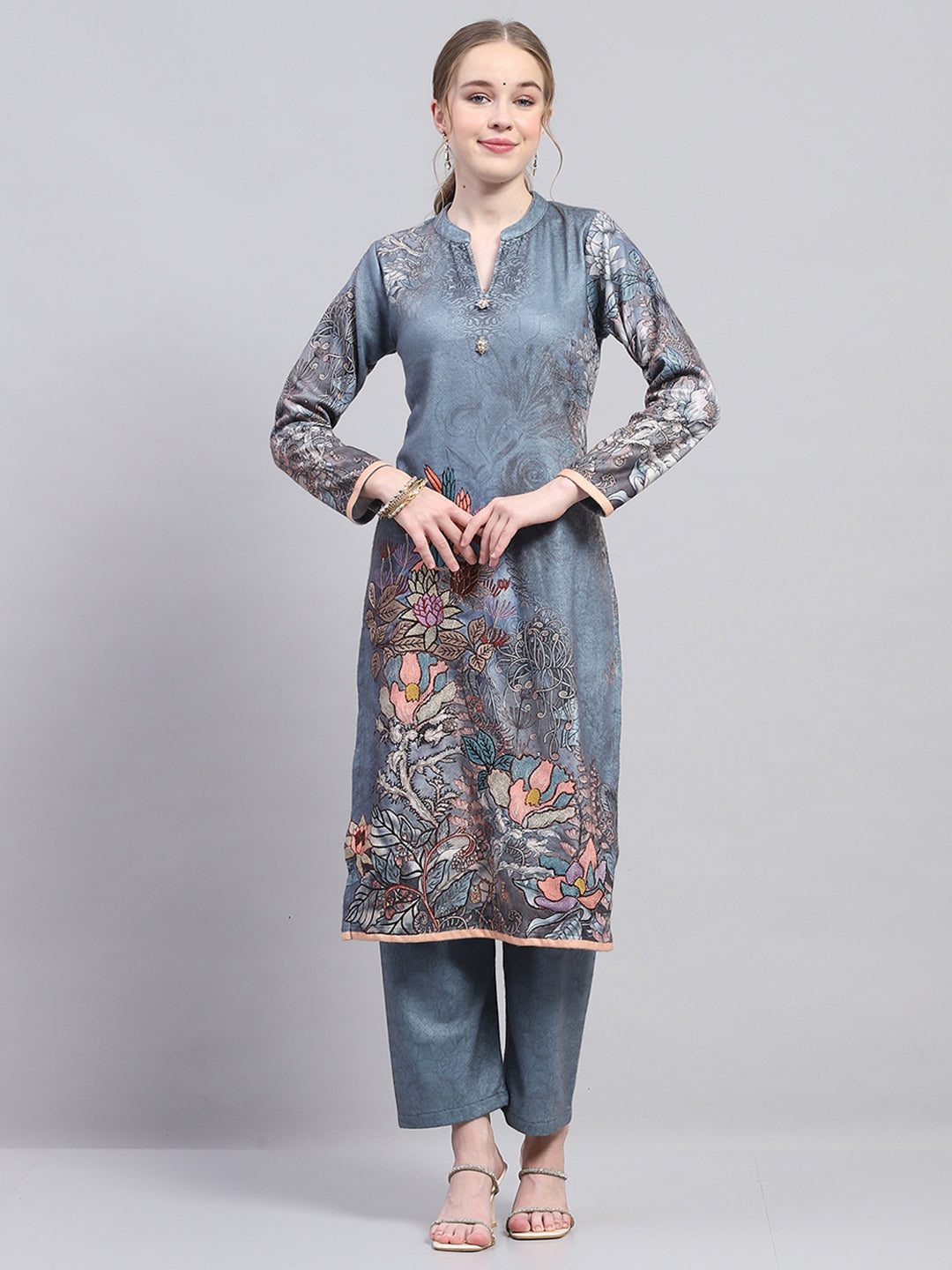 Women Grey Self Design Round Neck Full Sleeve Kurtis Set for Winter