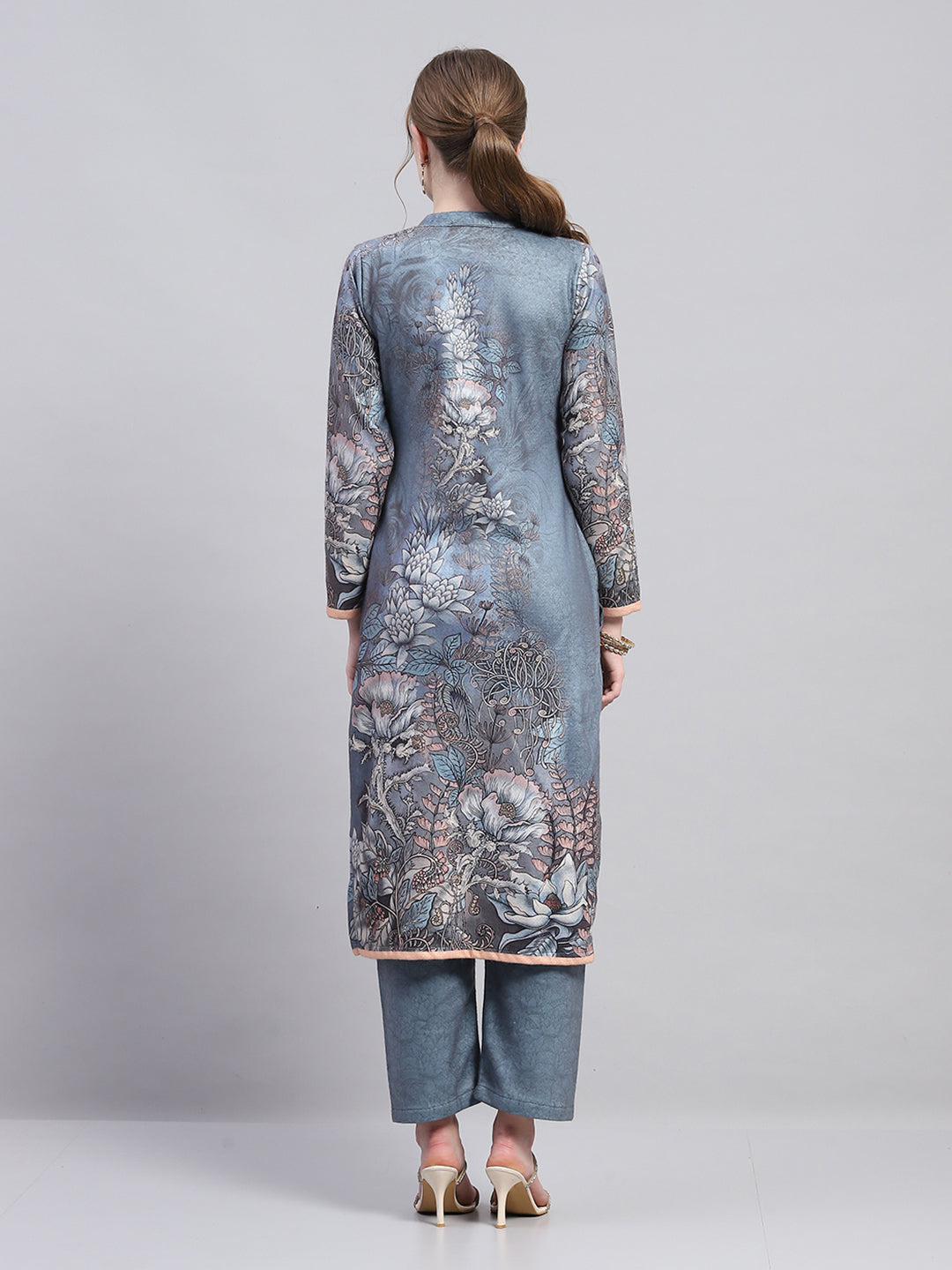 Women Grey Self Design Round Neck Full Sleeve Kurtis Set for Winter