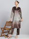 Women Brown Printed Round Neck Full Sleeve Kurti Set