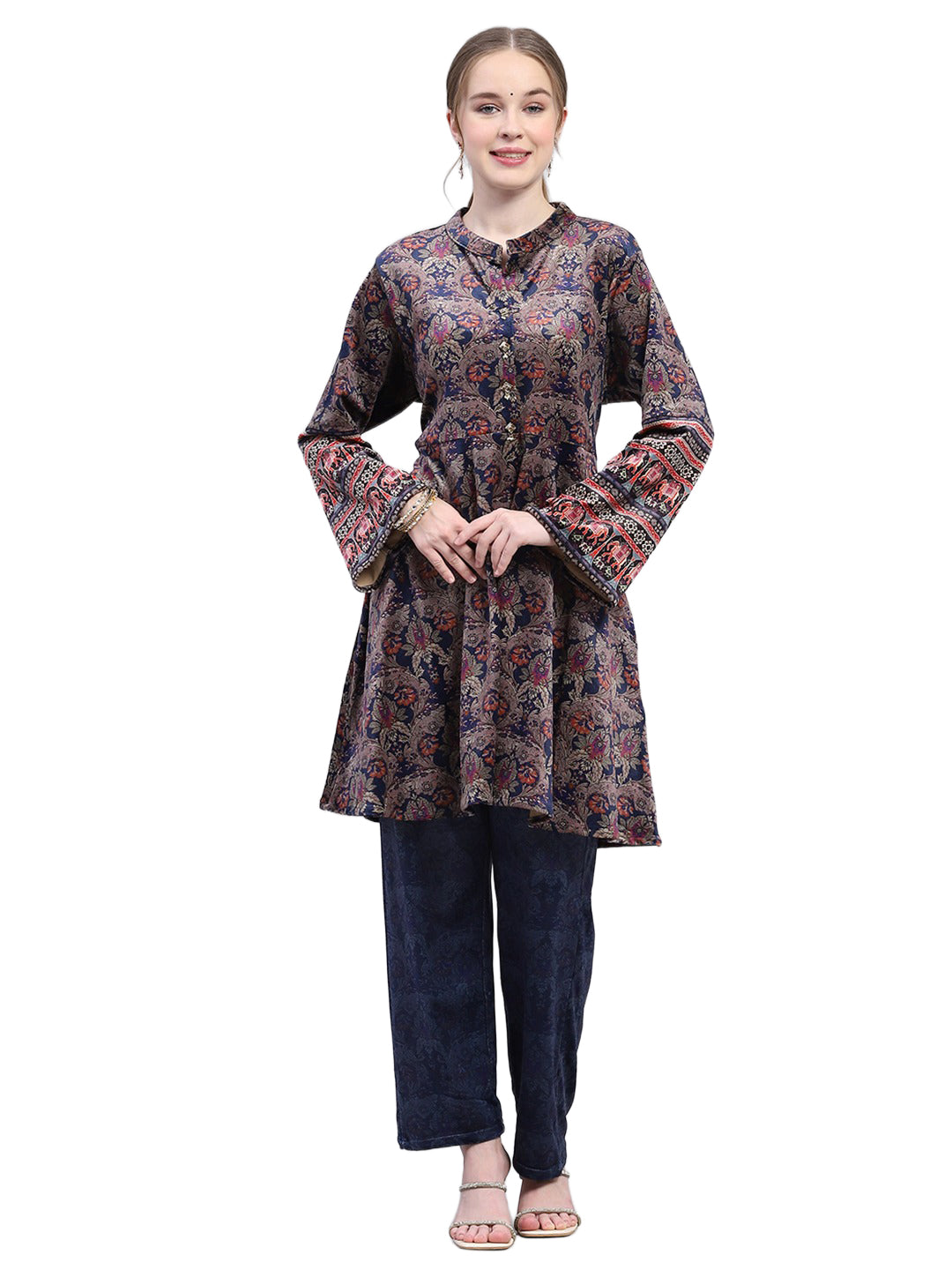 Women Blue Designer Round Neck Full Sleeve Kurtis Set for Winter