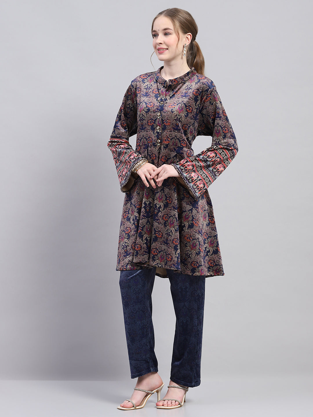 Women Blue Designer Round Neck Full Sleeve Kurtis Set for Winter
