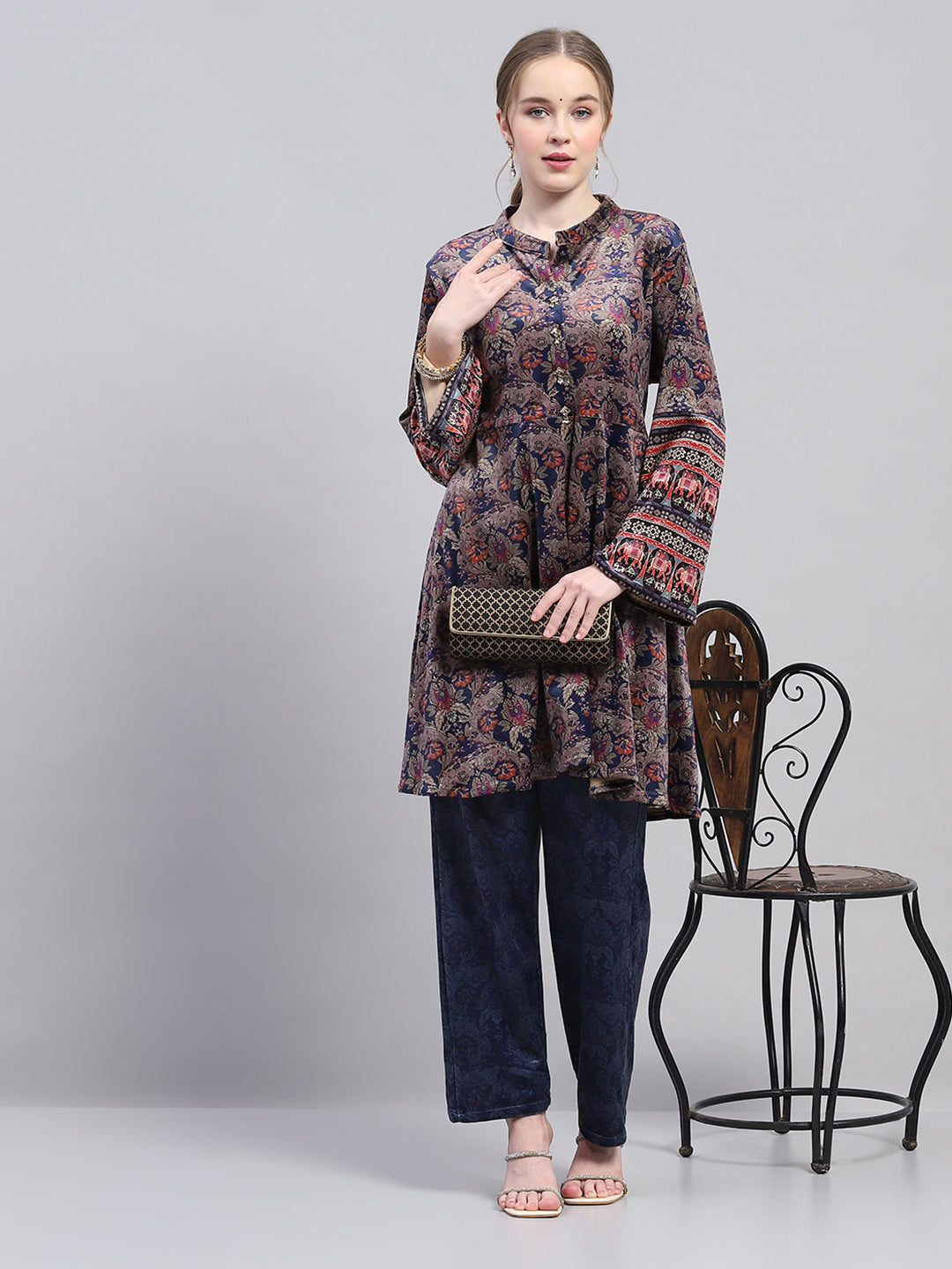 Women Blue Designer Round Neck Full Sleeve Kurtis Set for Winter