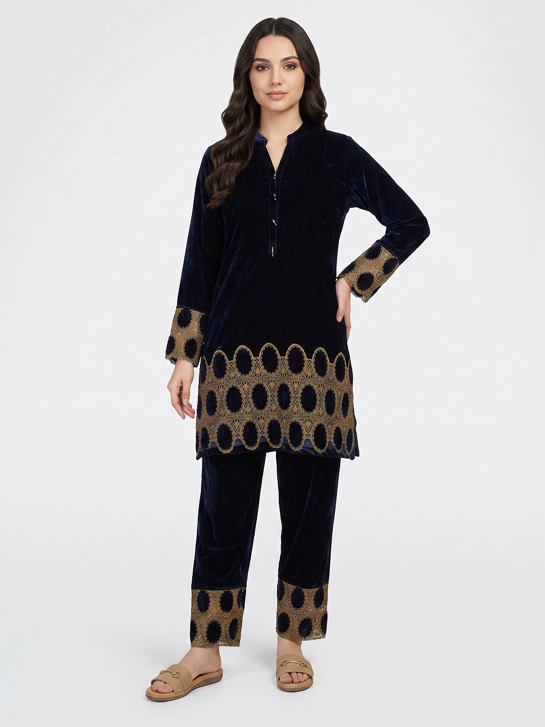 Women Navy Blue Designer V Neck Full Sleeve Kurtis Set for Winter
