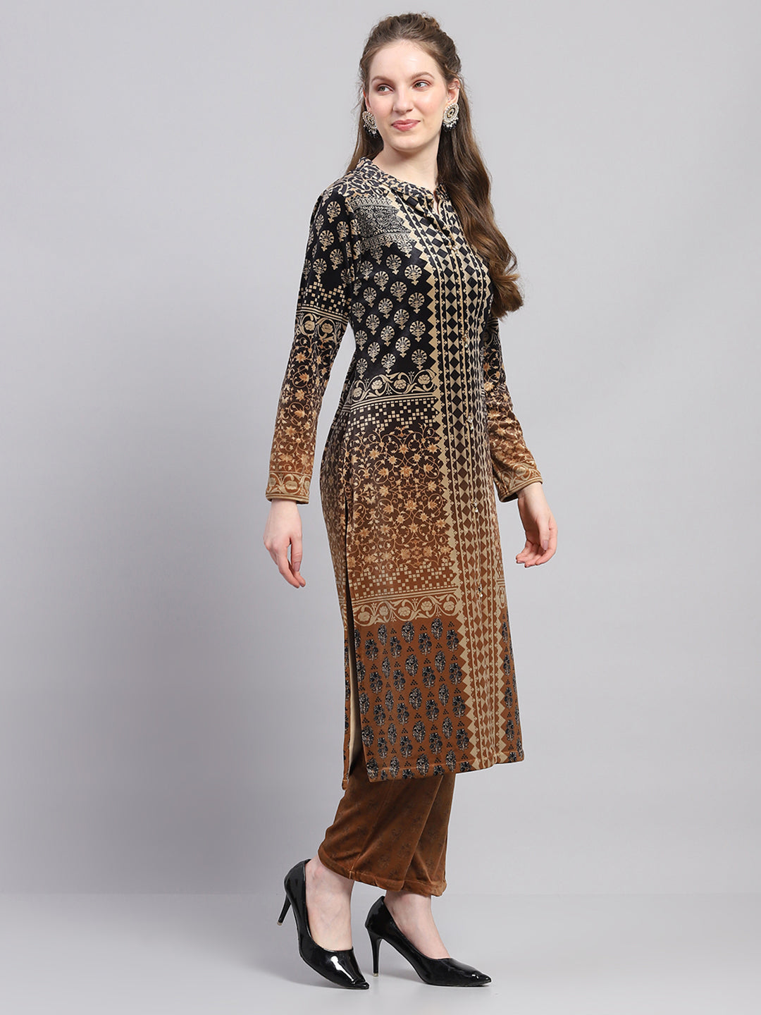 Women Mustard Designer Round Neck Full Sleeve Kurtis Set for Winter