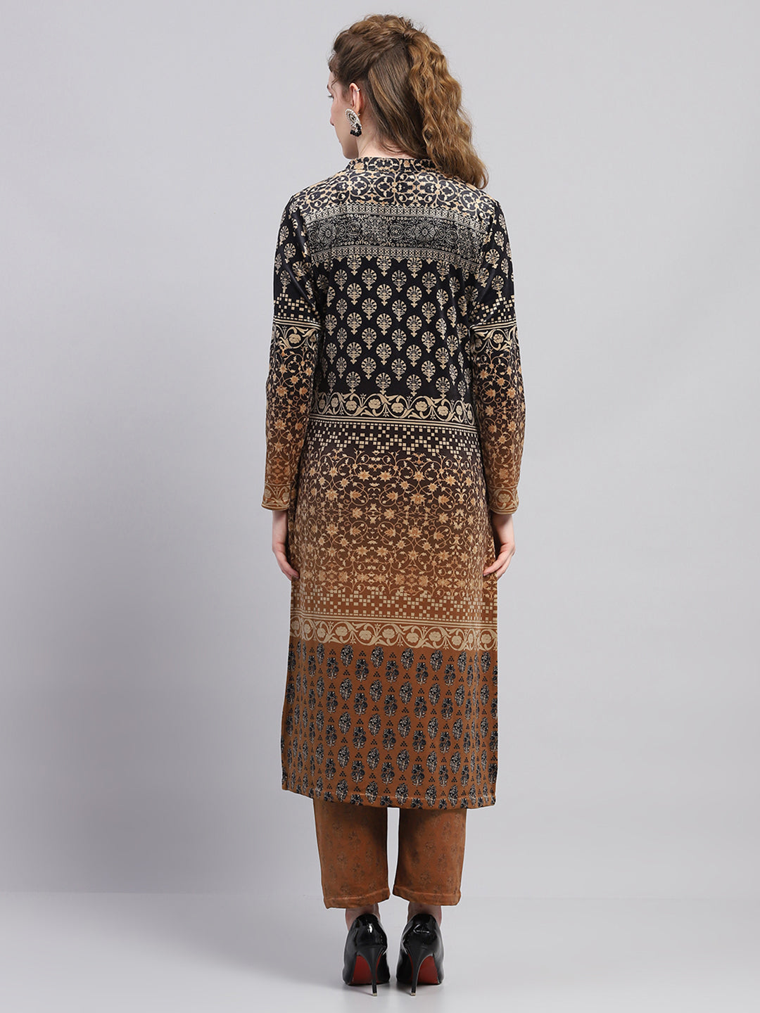 Women Mustard Designer Round Neck Full Sleeve Kurtis Set for Winter
