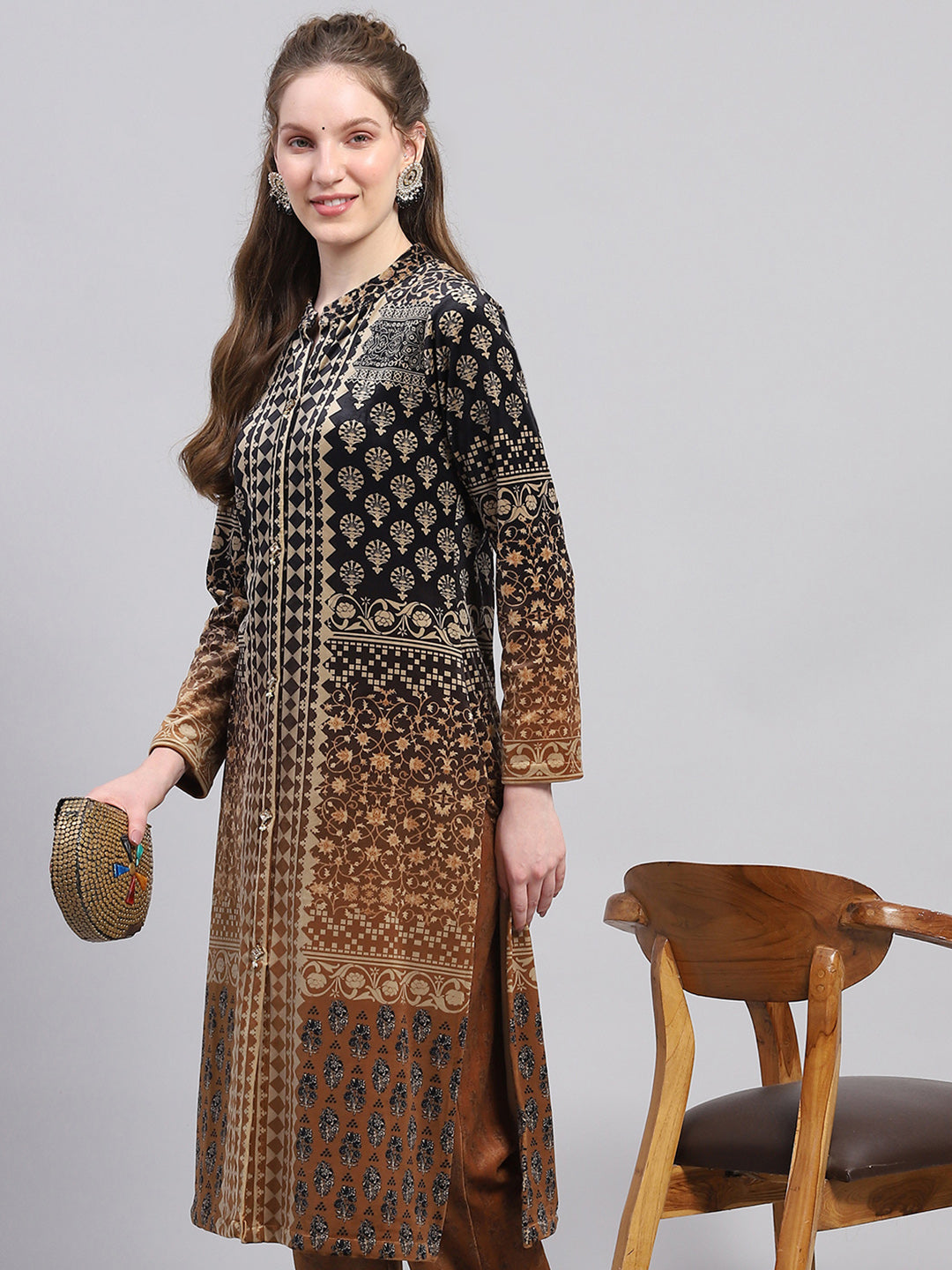 Women Mustard Designer Round Neck Full Sleeve Kurtis Set for Winter