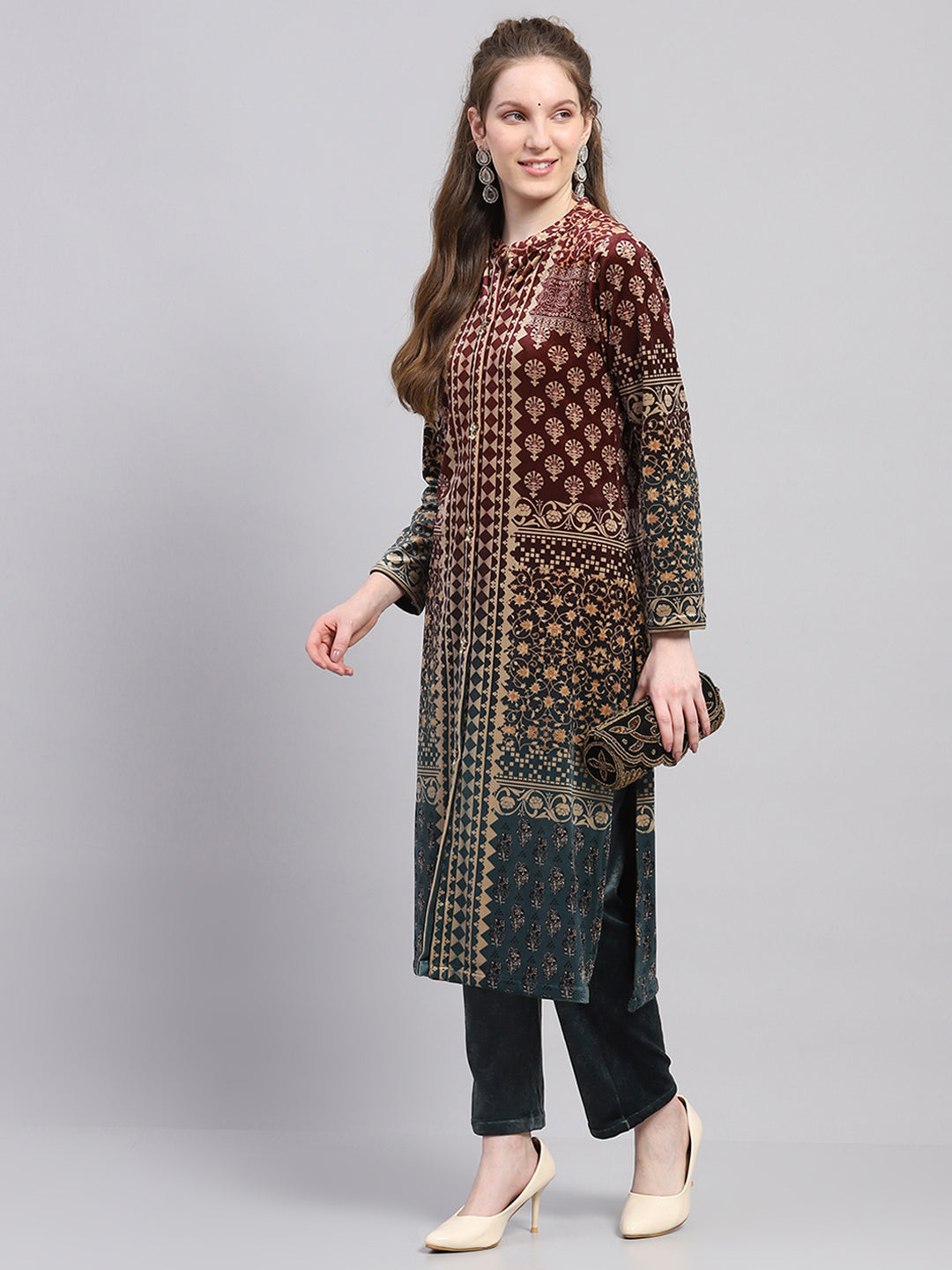 Women Teal Blue Designer Round Neck Full Sleeve Kurtis Set for Winter