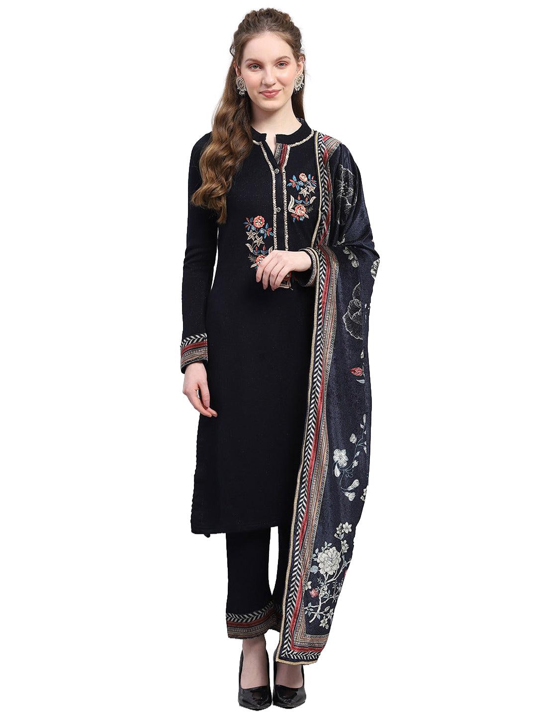 Women Navy Blue Designer Round Neck Full Sleeve 3 Pc Kurtis Set for Winter