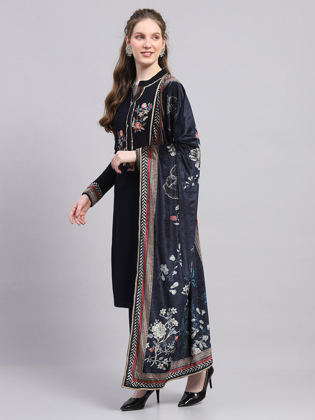 Women Navy Blue Designer Round Neck Full Sleeve 3 Pc Kurtis Set for Winter