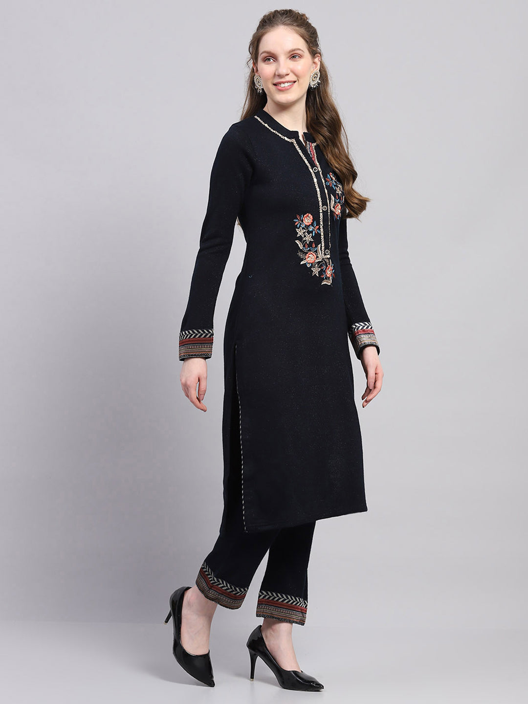 Women Navy Blue Designer Round Neck Full Sleeve 3 Pc Kurtis Set for Winter