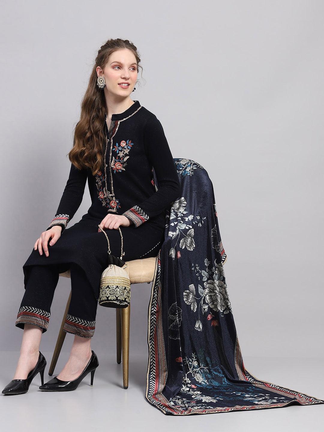Women Navy Blue Designer Round Neck Full Sleeve 3 Pc Kurtis Set for Winter