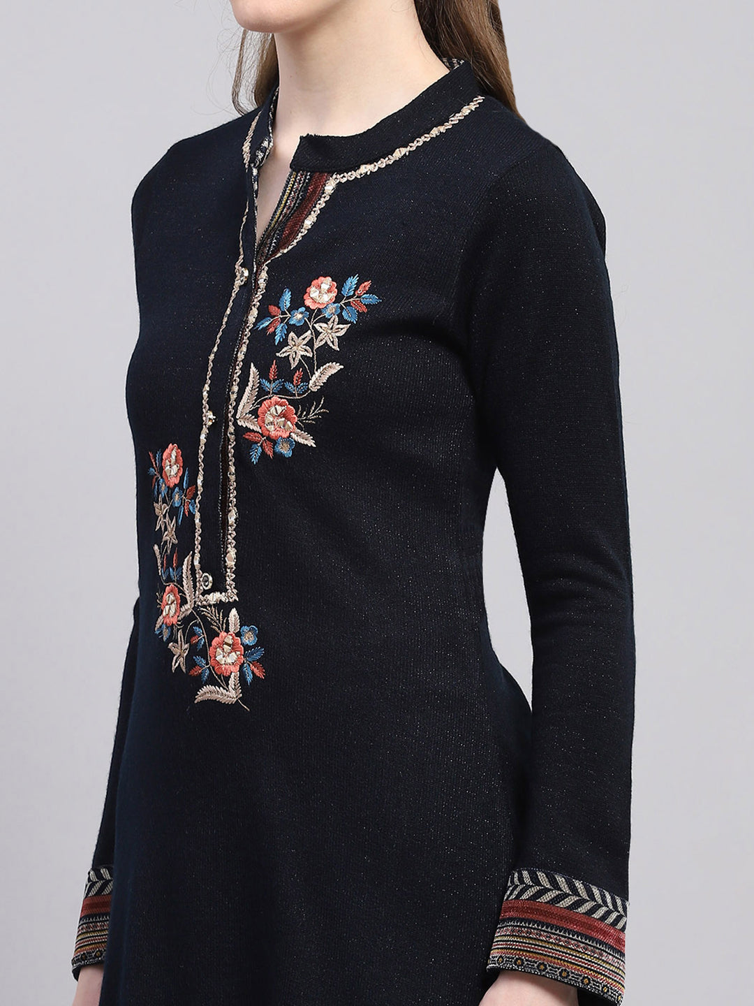 Women Navy Blue Designer Round Neck Full Sleeve 3 Pc Kurtis Set for Winter