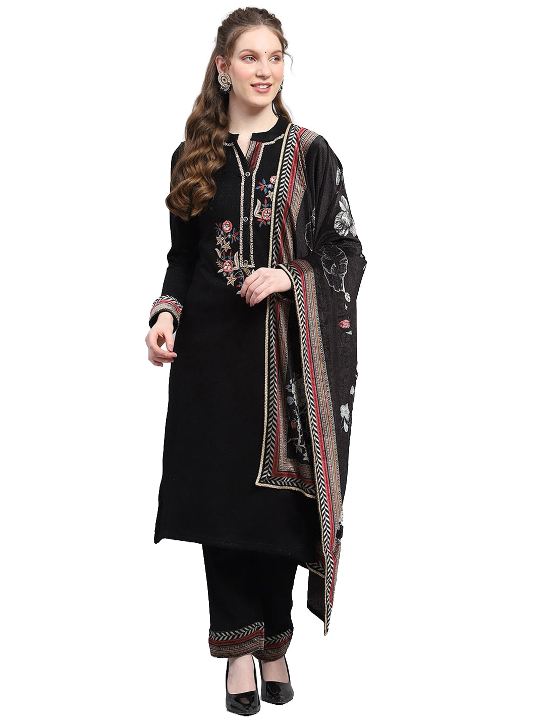 Women Black Designer Round Neck Full Sleeve 3 Pc Kurtis Set for Winter