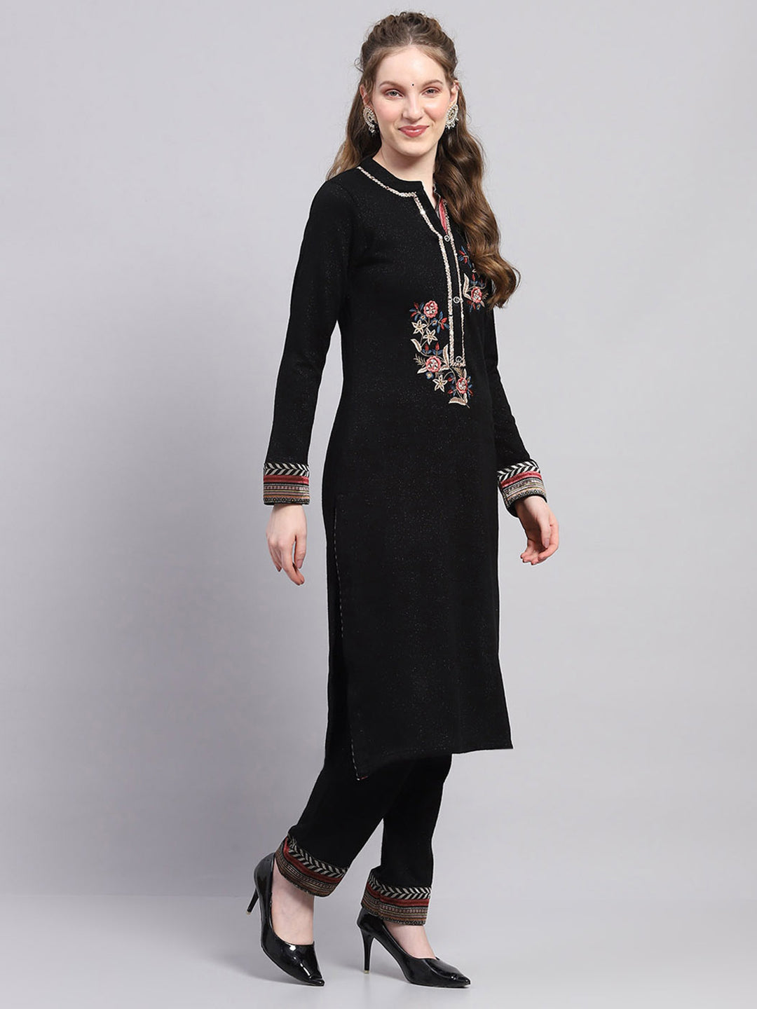 Women Black Designer Round Neck Full Sleeve 3 Pc Kurtis Set for Winter