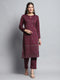 Women Burgundy Self Design Round Neck Full Sleeve Kurti Set for Winter