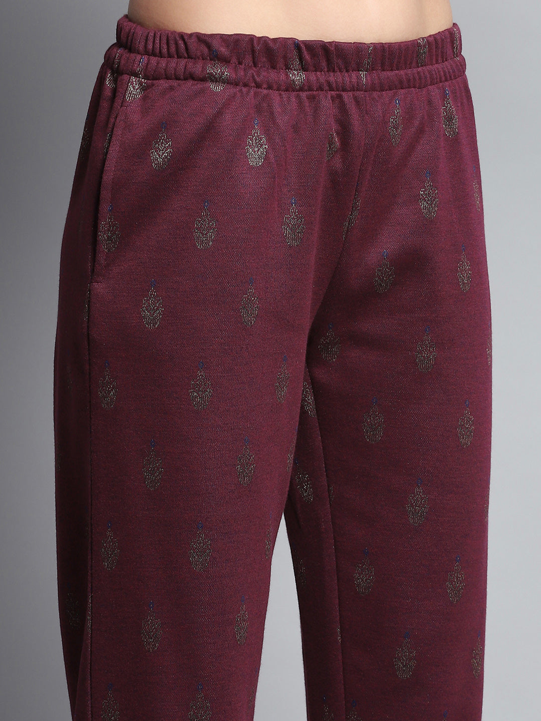 Women Burgundy Self Design Round Neck Full Sleeve Kurti Set for Winter