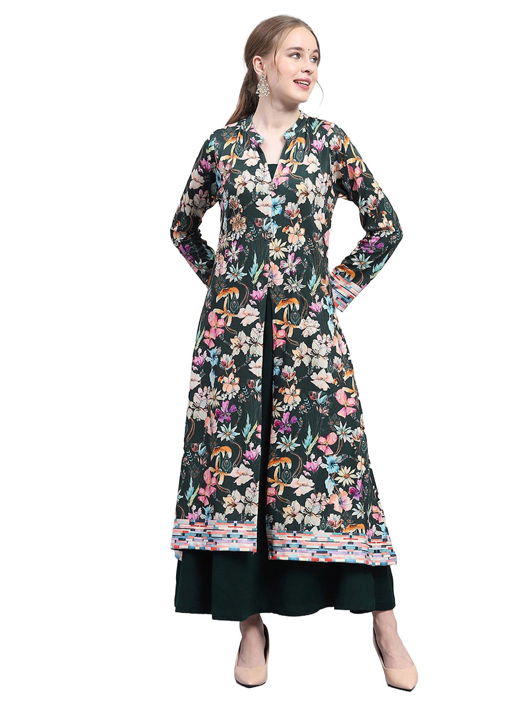 Women Green Designer V Neck Full Sleeve Kurtis Set for Winter