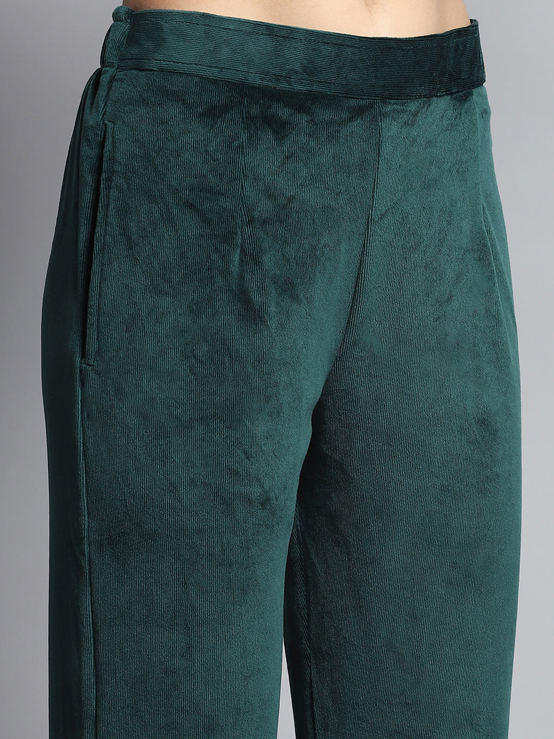 Women Green Self Design Round Neck Full Sleeve Kurti Set for Winter