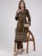 Women Brown Printed Round Neck Full Sleeve Kurti Set for Winter
