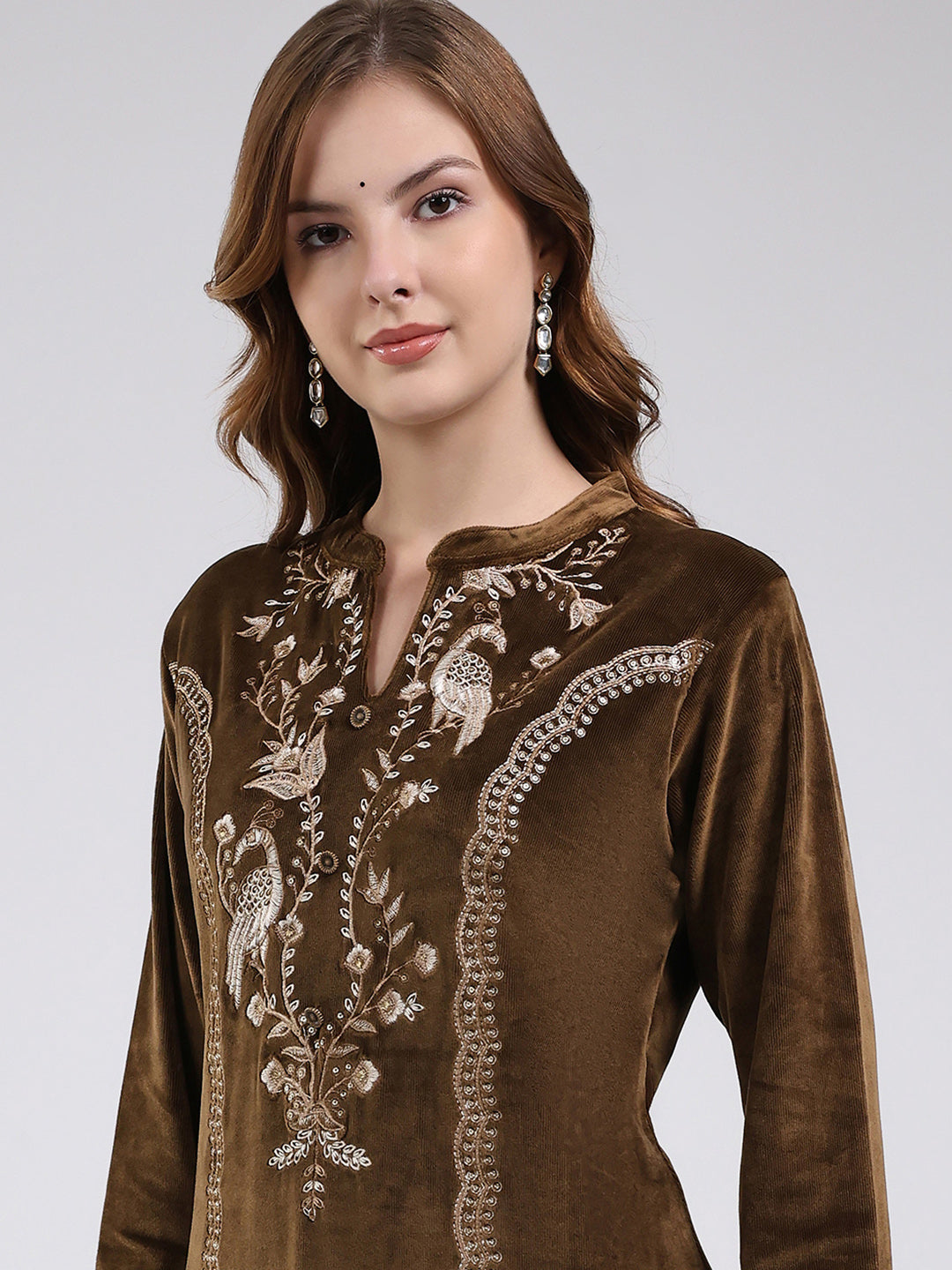 Women Green Printed Round Neck Full Sleeve Kurti Set for Winter