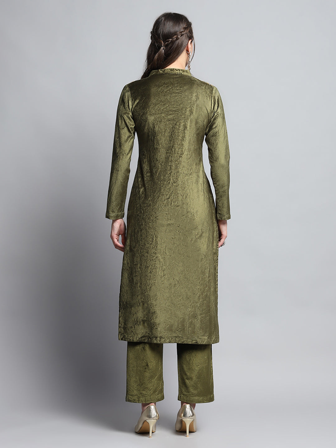 Women Green Self Design Round Neck Full Sleeve Kurti Set for Winter