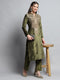 Women Green Self Design Round Neck Full Sleeve Kurti Set for Winter
