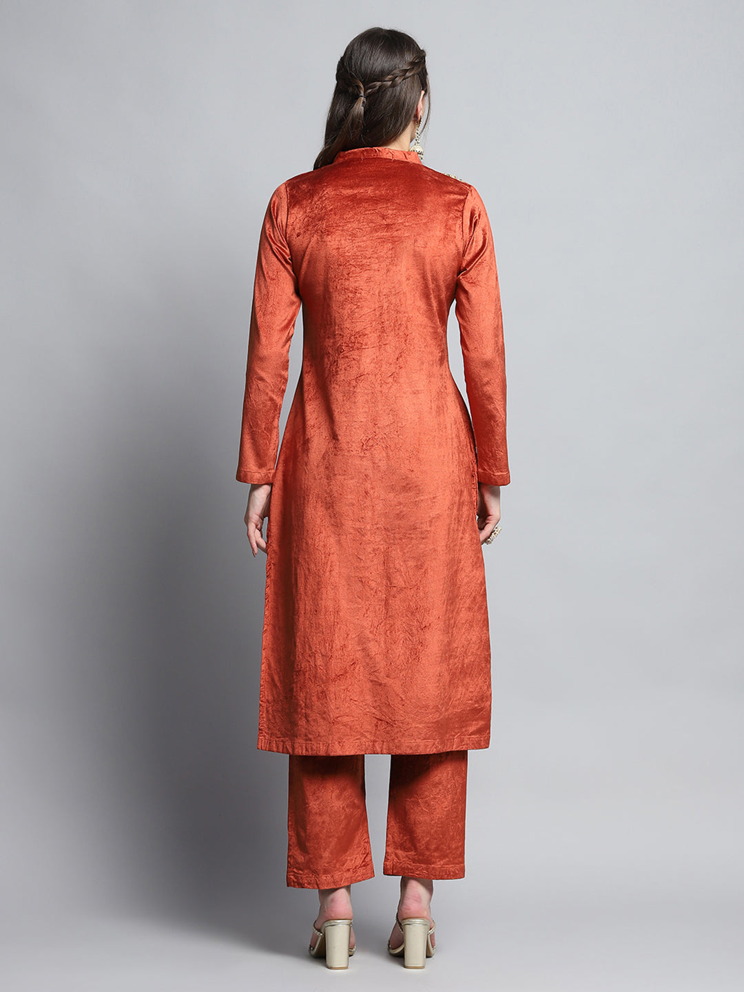 Women Rust Self Design Round Neck Full Sleeve Kurti Set for Winter