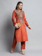 Women Rust Self Design Round Neck Full Sleeve Kurti Set for Winter