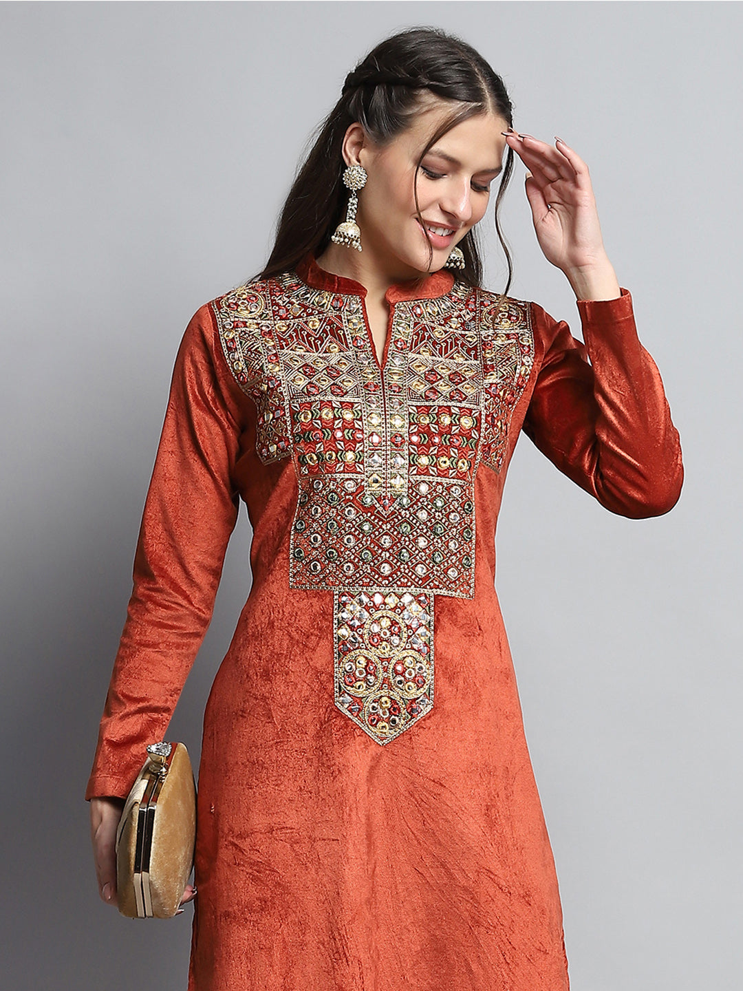 Women Rust Self Design Round Neck Full Sleeve Kurti Set for Winter