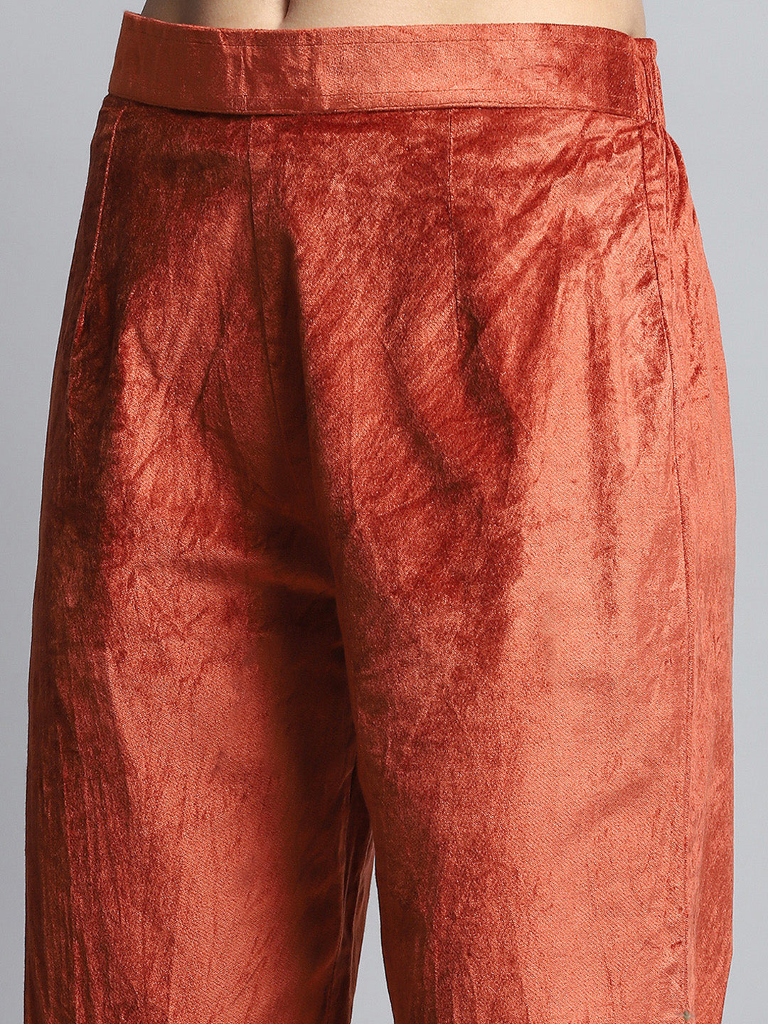 Women Rust Self Design Round Neck Full Sleeve Kurti Set for Winter