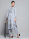 Women Blue Self Design Round Neck Full Sleeve Kurti Set for Winter