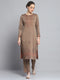 Women Brown Self Design Round Neck Full Sleeve Kurti Set for Winter