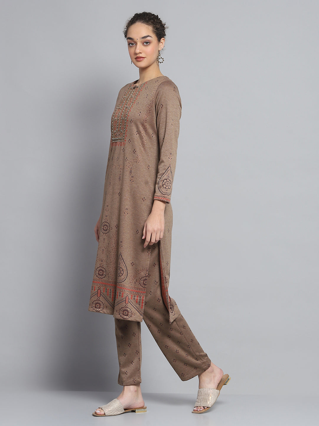 Women Brown Self Design Round Neck Full Sleeve Kurti Set for Winter